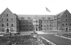 An exterior view of the eastside of Riley Hospital is shown around 1925. Credit: IUPUI University Library Special Collections and Archives